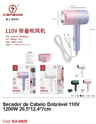 Secador de Cabelo Dobrável 110V 1200W 20,5*12,4*7cm R$ 40,5 PCS/CX: 50