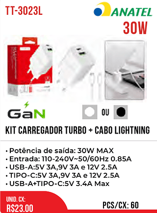 Kit Carregador Turbo + cabo lightning 60pç=23$