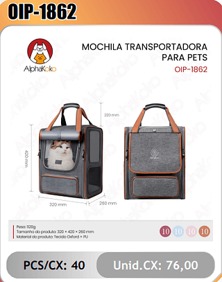 MOCHILA TRANSPORTADORA PARA PETS PCS/CX:40 Unid.CX: 76,00
