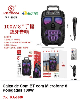 Caixa de Som BT com Microfone 8 Polegadas 100W R$157,5 PCS/cx:8