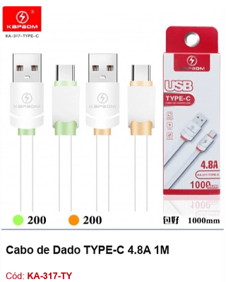 Cabo de Dado TYPE-C 4.8A 1M R$ 3,42 PCS/cx:400