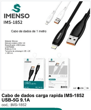 Cabo de dados carga rápida USB-5G 9.1A 200PC/CX R$4,5