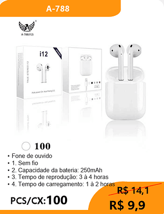 FONE BLUETOOTH I12 PCS/CX:100 R$9,9