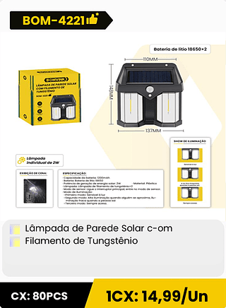 Lâmpada de Parede Solar c-om Filamento de Tungstênio CX: 80PCS 1CX: 14,99/Un