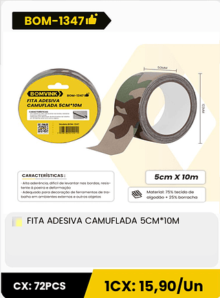 FITA ADESIVA CAMUFLADA 5CM*10M CX: 72PCS 1CX: 15,90/Un