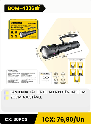 LANTERNA TÁTICA DE ALTA POTÊNCIA COM ZOOM AJUSTÁVEL CX: 30PCS 1CX: 76,90/Un