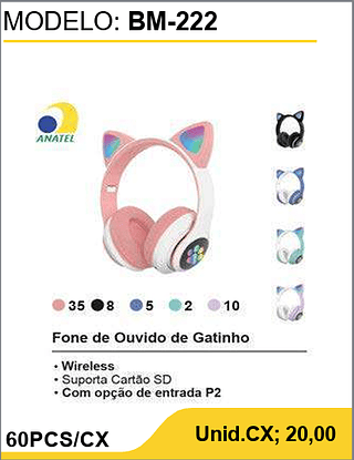 Fone de Ouvido de Gatinho 60PCS/CX Unid.CX; 20,00