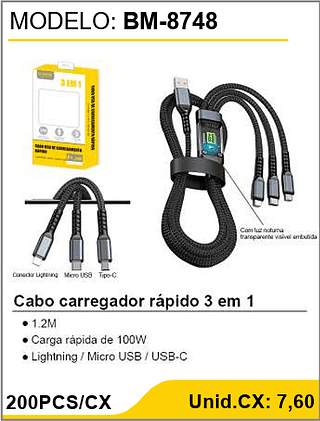 Cabo carregador rápido 3 em 1 200PCS/CX Unid.CX: 7,60