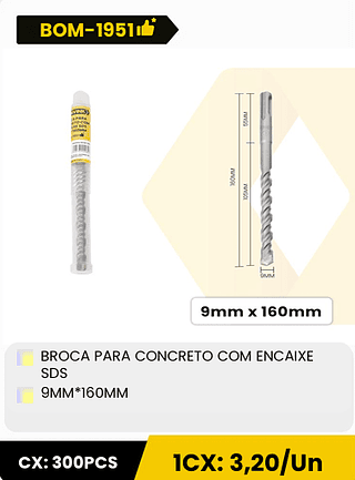 BROCA PARA CONCRETO COM ENCAIXE SDS 9MM*160MM CX: 300PCS 1CX: 3,20/Un