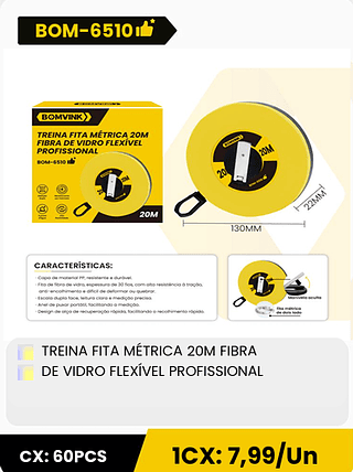 TREINA FITA MÉTRICA 20M FIBRA DE VIDRO FLEXÍVEL PROFISSIONAL CX: 60PCS 1CX: 7,99/Un