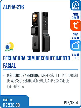 FECHADURA COM RECONHECIMENTO FACIAL UNID. CX: R$ 530.00 PCS/CX: 4
