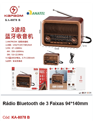 Rádio Bluetooth de 3 Faixas 94*140mm R$45 PCS/CX:50