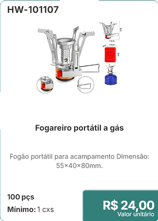 Fogareiro portátil a gás 100 pçs R$ 24,00