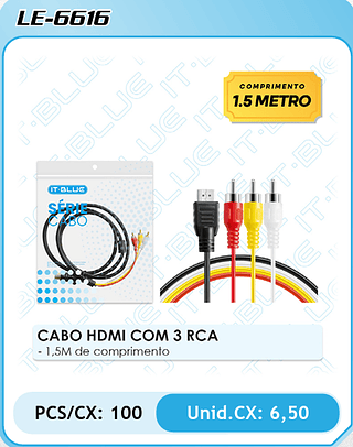 CABO HDMI COM 3 RCA - 1,5M de comprimento PCS/CX: 100 Unid.CX: 6,50