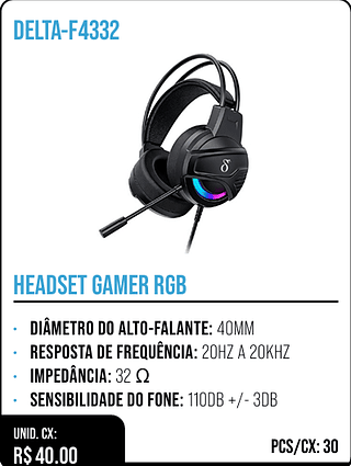 HEADSET GAMER RGB UNID. CX: R$ 40.00 PCS/CX: 30
