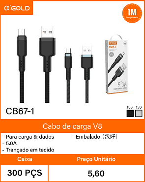 Cabo de carga V8 - Caixa 300 PCS Preco Unitario 5,60