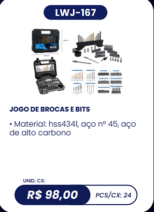 JOGO DE BROCAS E BITS UNID. CX: R$ 98,00 PCS/CX: 24