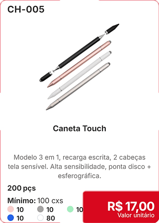 Caneta Touch 200 pçs R$ 17,00