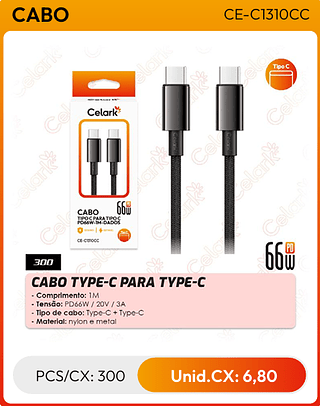 CABO TYPE-C PARA TYPE-C PCS/CX: 300 Unid.CX: 6,80