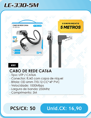 CABO DE REDE CAT6A - Tipo: UTP / CAT6A - Conector: RJ45 com capa de níquel - Bitola: OD 6mm 7/0.12 CC*4P PVC - Velocidade: 1000Mbps - Largura de banda: 250Mhz - Comprimento: 5M PCS/CX: 50 Unid.CX: 16,90