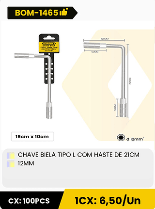 CHAVE BIELA TIPO L COM HASTE DE 21CM 12MM CX: 100PCS 1CX: 6,50/Un