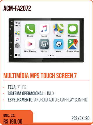 MULTIMÍDIA MP5 TOUCH SCREEN 7 UNID. CX: R$ 190.00 PCS/CX: 20