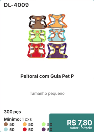Peitoral com Guia Pet P 300 pçs R$ 7.80