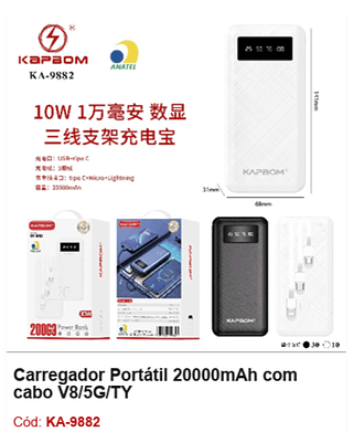Carregador Portátil 20000mAh com cabo R$52,2 PCS/cx: 40