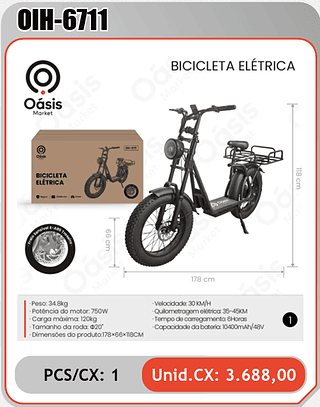 BICICLETA ELÉTRICA PCS/CX: 1 Unid.CX: 3.688,00