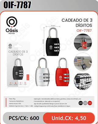 CADEADO DE 3DiGITOS PCS/CX: 600 Unid.CX: 4,50
