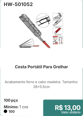 Cesta Portátil Para Grelhar 100 pçs R$ 13,00