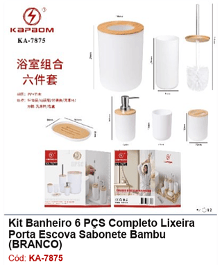 Kit Banheiro 6 PÇS Completo Lixeira Porta Escova Sabonete Bambu R$ 56,7 PCS/CX: 12