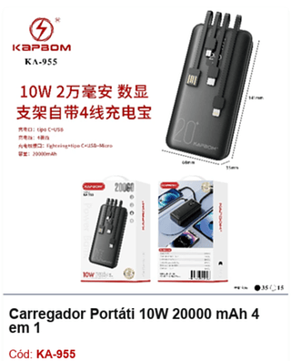 Carregador Portáti 10W 20000 mAh 4 em 1 R$45 PCS/CX: 50