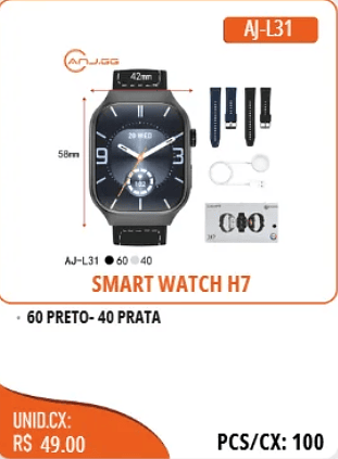 SMART WATCH H7 UNID.CX: RS 49.00 PCS/CX:100