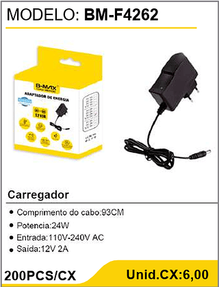 Carregador 12V 2A 200PCS/CX Unid.CX:6,00