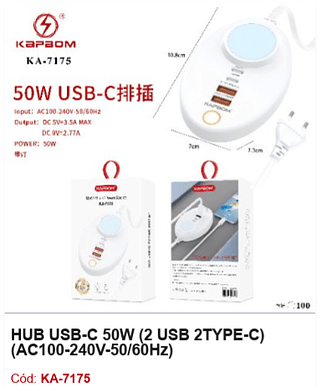 HUB USB-C 50W (2 USB 2TYPE-C) (AC100-240V-50/60Hz) R$ 7,2 PCS/Cx:100