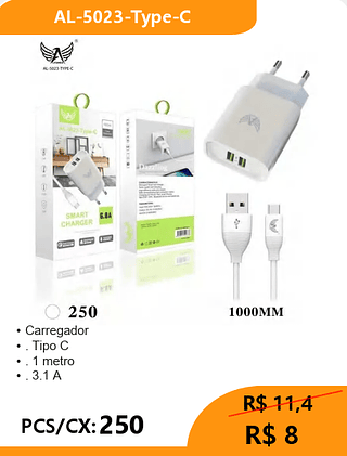 Carregador TIPO-C PCS/CX:250 R$ 8
