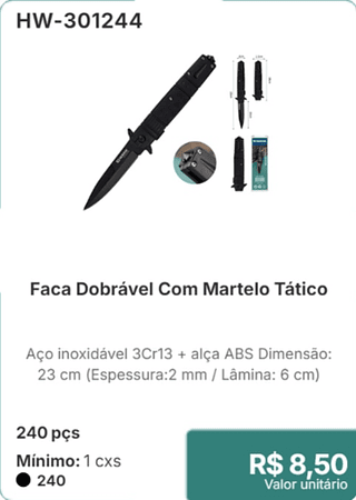 Faca Dobrável Com Martelo Tático 240 pçs R$ 8.50