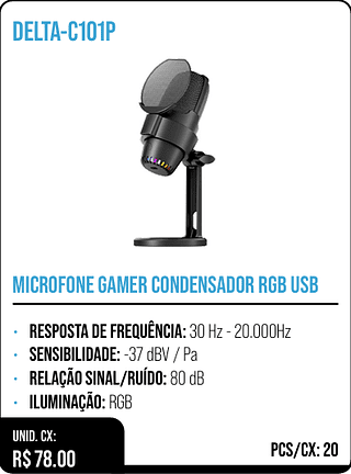 MICROFONE GAMER CONDENSADOR RGB USB UNID. CX: R$ 78.00 PCS/CX: 20