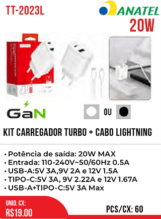 KIT carregador TURBO + CABO LIGHTNING 60pç=19$