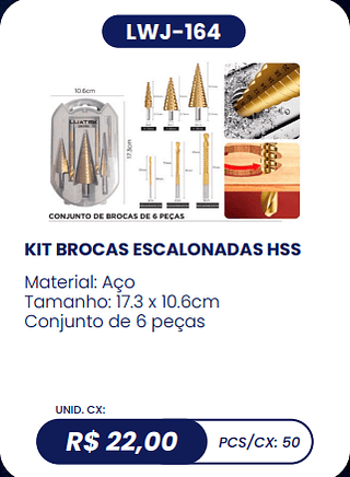 KIT BROCAS ESCALONADAS HSS UNID. CX: R$ 22,00 PCS/CX: 50
