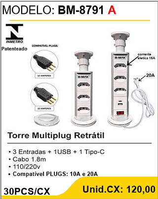 Torre Multiplug Retrátil 30PCS/CX Unid.CX: 120,00