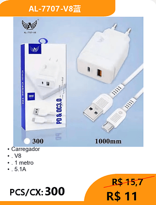 Carregador V8 PCS/CX:300 R$ 11