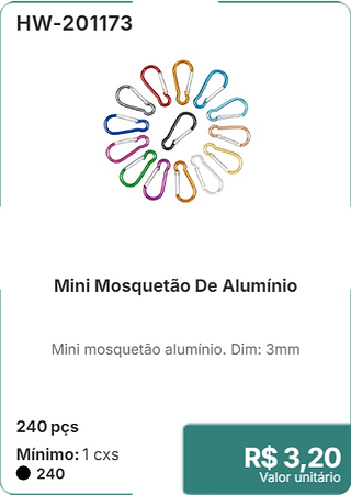 Mini Mosquetão De Alumínio 240 pçs R$ 3,20