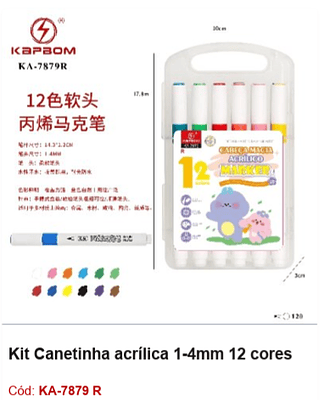 Kit Canetinha acrílica 1-4mm 12 cores R$ 4,95 PCS/CX:120