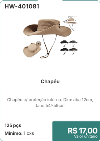 Chapéu 125 pçs R$ 17.00