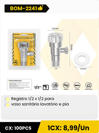 Registro 1/2 x 1/2 para vaso sanitário lavatório e pia CX: 100PCS 1CX: 8,99/Un