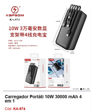 Carregador Portáti 10W 30000 mAh 4 em 1 R$76,5 PCS/CX: 40
