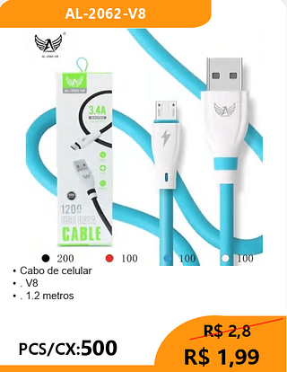 Cabo de celular V8 PCS/CX:500 R$ 1,99