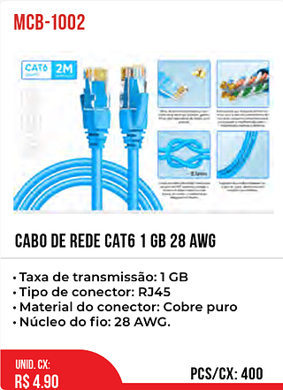 CABO DE REDE CAT6 1 GB 28 AWG 400pç=4,9$